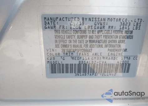 2015 Nissan Sentra Fe+ S/S/Sl/Sr/Sv из США, поврежденный, VIN 3N1AB7AP5FY266442